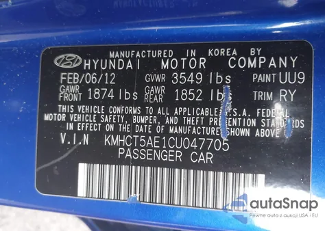 2012 Hyundai Accent Gs из США, поврежденный, VIN KMHCT5AE1CU047705